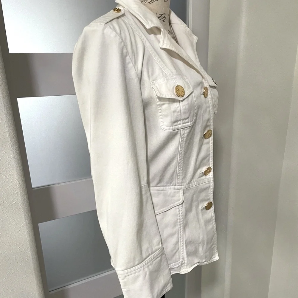 Tory Burch White Military Safari Utility Jacket Gold Buttons Size 8 🤍✨